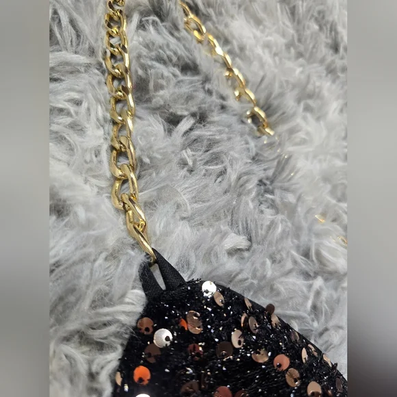 Double Crazy Black Sequin Mini Dress with Gold Straps Size Large - Picture 3 of 5